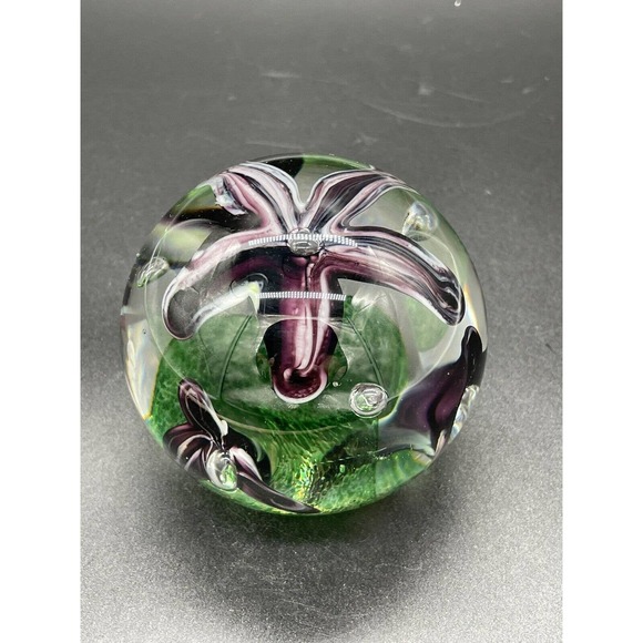 Adam Jablonski Paperweight Purple Flower Hand Blown Controlled Bubble Art Glass - Picture 4 of 7